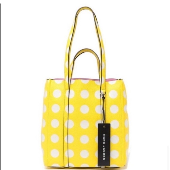 Marc Jacobs The Dot Tag Yellow Leather Large Tote Bag with White Dots 🔥HP🔥 - Picture 1 of 14